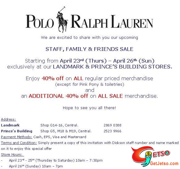 Polo Ralph Lauren 6折開倉大減價(4月23-26日)圖片2