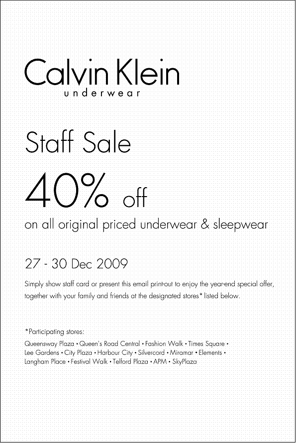 Calvin Klein Staff Sale up to 40%off(12月27-30日)圖片1