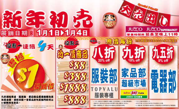 JUSCO新年大減價折回優惠,多款貨品以換購及現金券下載(1月1日至4日)圖片1