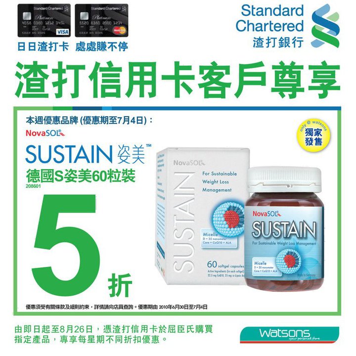 渣打信用卡於屈臣氏購買指定產品專享每星期不同折扣優惠(至10年7月4日)圖片1