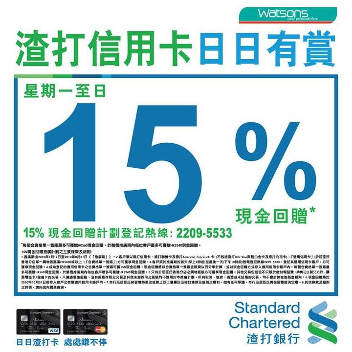 渣打信用卡享屈臣氏15%現金回贈優惠(至10年8月31日)圖片1