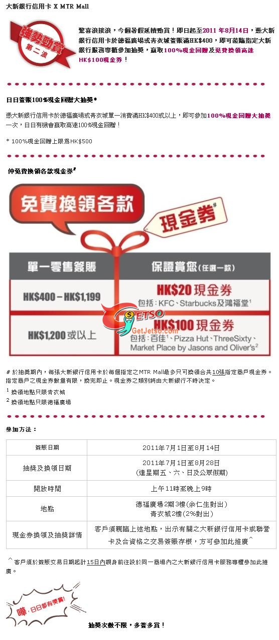 大新信用卡X MTR Mall簽帳享免費換領現金券優惠(至11年8月28日)圖片1