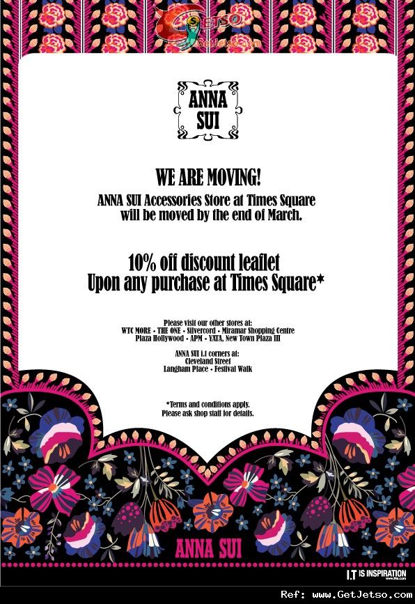 時代廣場ANNA SUI 搬遷購物送9折卡優惠(至12年3月31日)圖片1