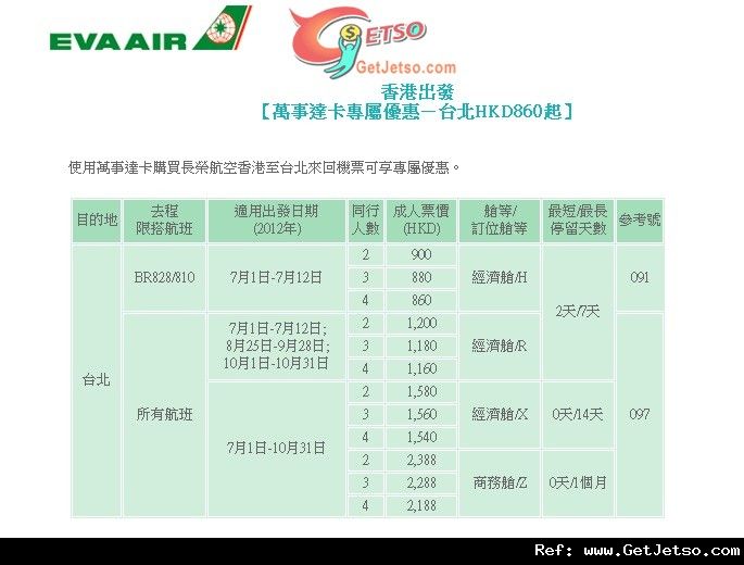 萬事達卡享長榮航空來回台北機票低至0優惠(至12年10月31日)圖片1