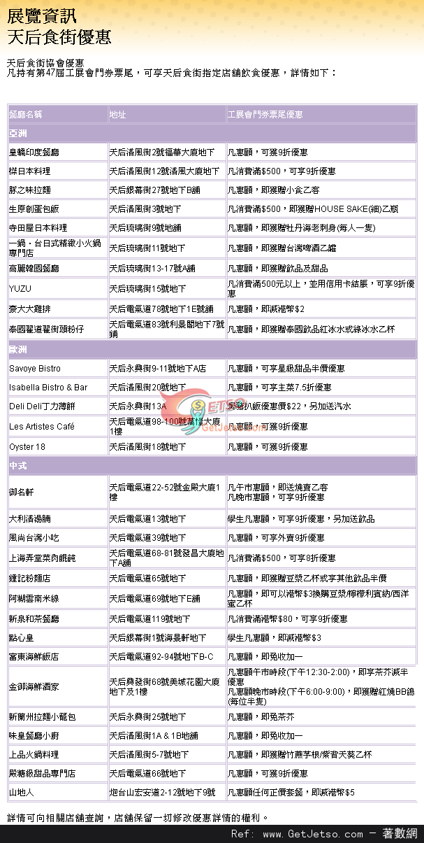 第47屆工展會門券票尾享天后食街指定店舖飲食優惠(至13年1月7日)圖片1