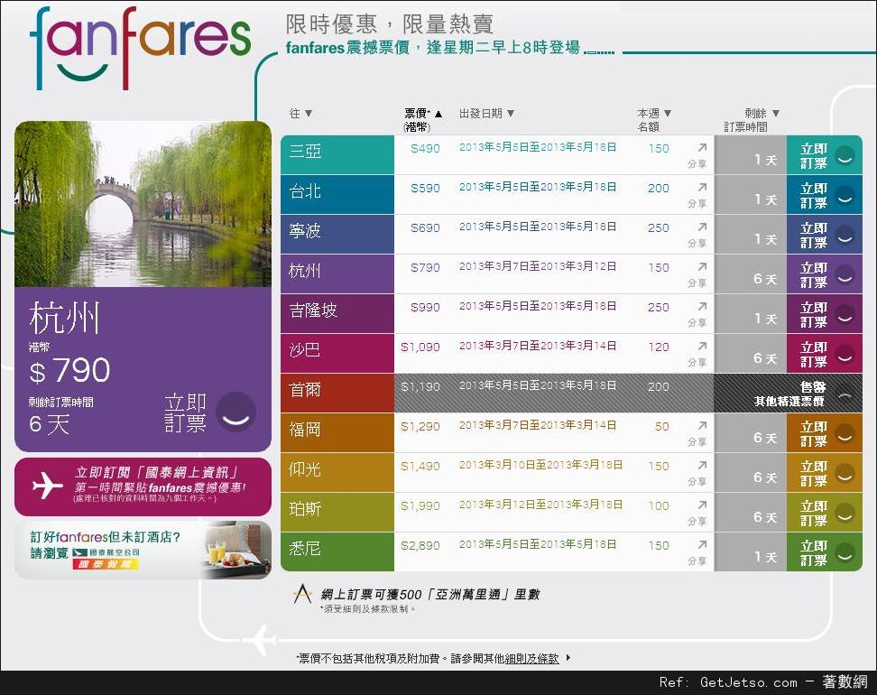 國泰及港龍航空fanfares震撼票價優惠(至13年3月10日)圖片1