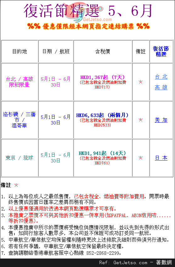 低至67連稅來回台灣/日本/美加機票優惠@中華航空(至13年4月6日)圖片1