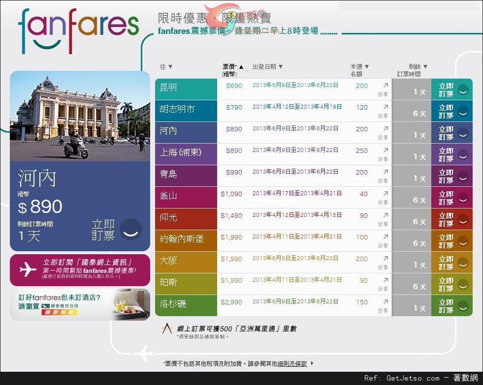 國泰及港龍航空fanfares震撼票價優惠(至13年4月14日)圖片1