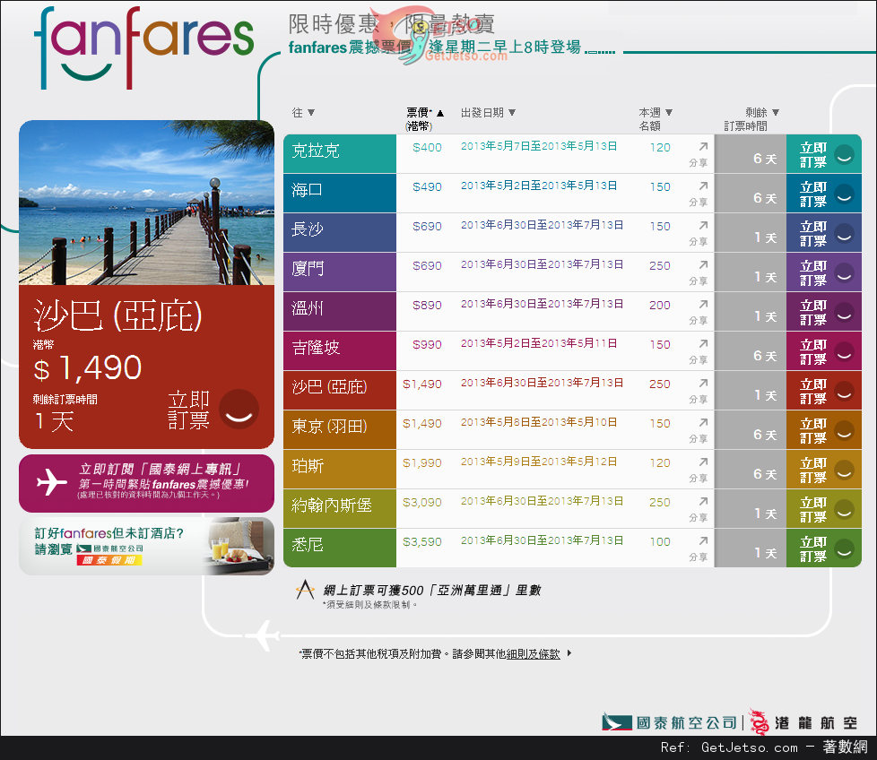 國泰及港龍航空fanfares震撼票價優惠(至13年5月5日)圖片1