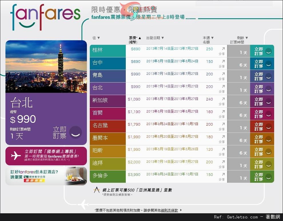 國泰及港龍航空fanfares震撼票價優惠(至13年5月19日)圖片1