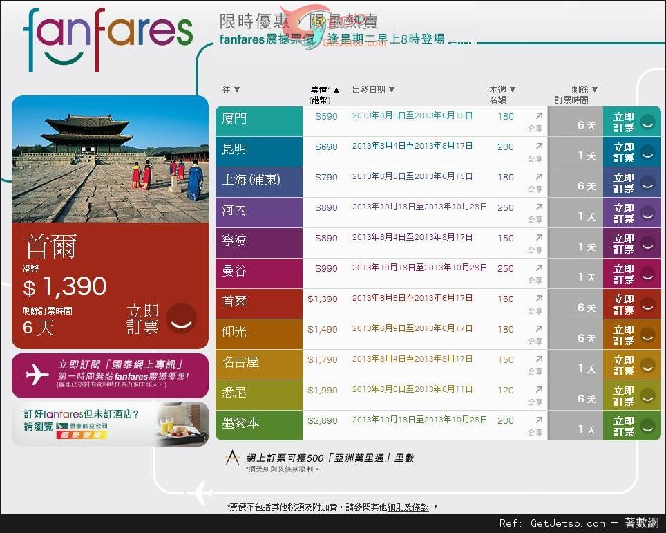 國泰及港龍航空fanfares震撼票價優惠(至13年6月9日)圖片1