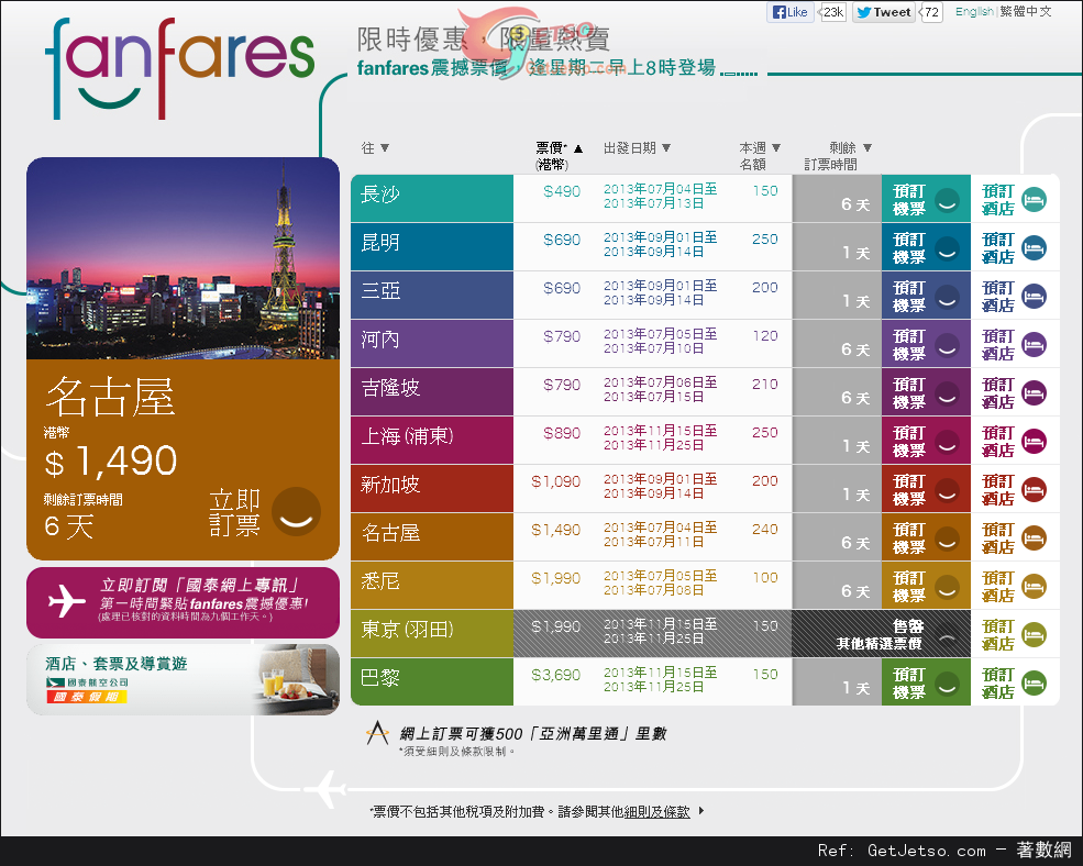 國泰及港龍航空fanfares震撼票價優惠(至13年7月7日)圖片1