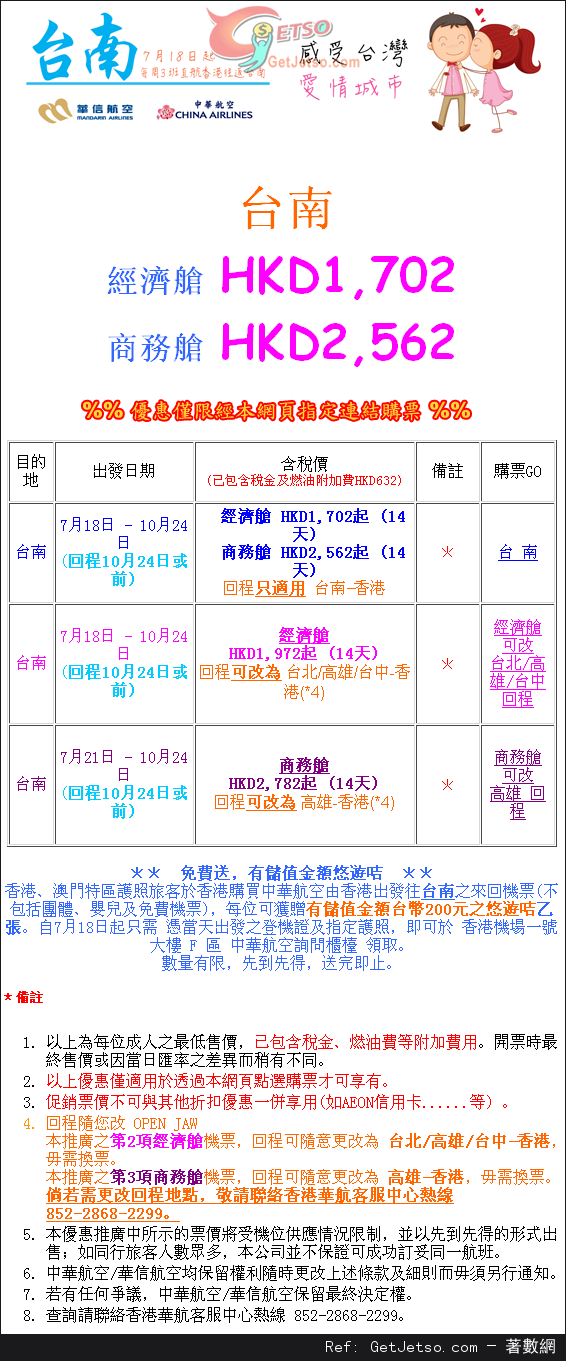 低至02連稅來回台南機票優惠@中華航空(至13年10月24日)圖片1