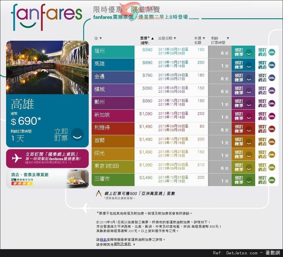 國泰及港龍航空fanfares震撼票價優惠(至13年9月1日)圖片1