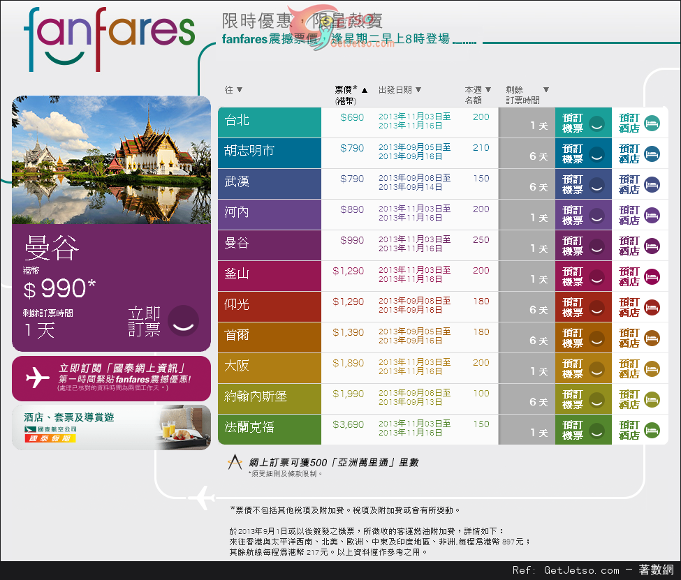 國泰及港龍航空fanfares震撼票價優惠(至13年9月8日)圖片1