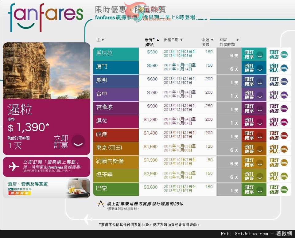 國泰及港龍航空fanfares震撼票價優惠(至13年10月6日)圖片1