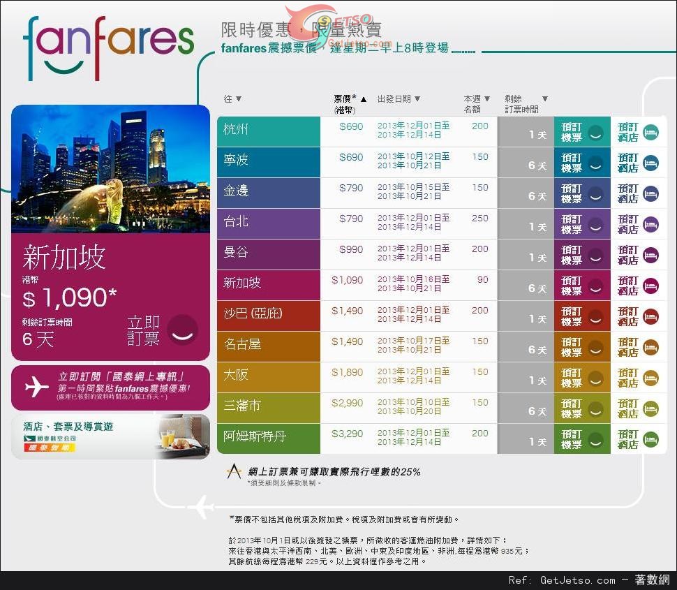 國泰及港龍航空fanfares震撼票價優惠(至13年10月13日)圖片1