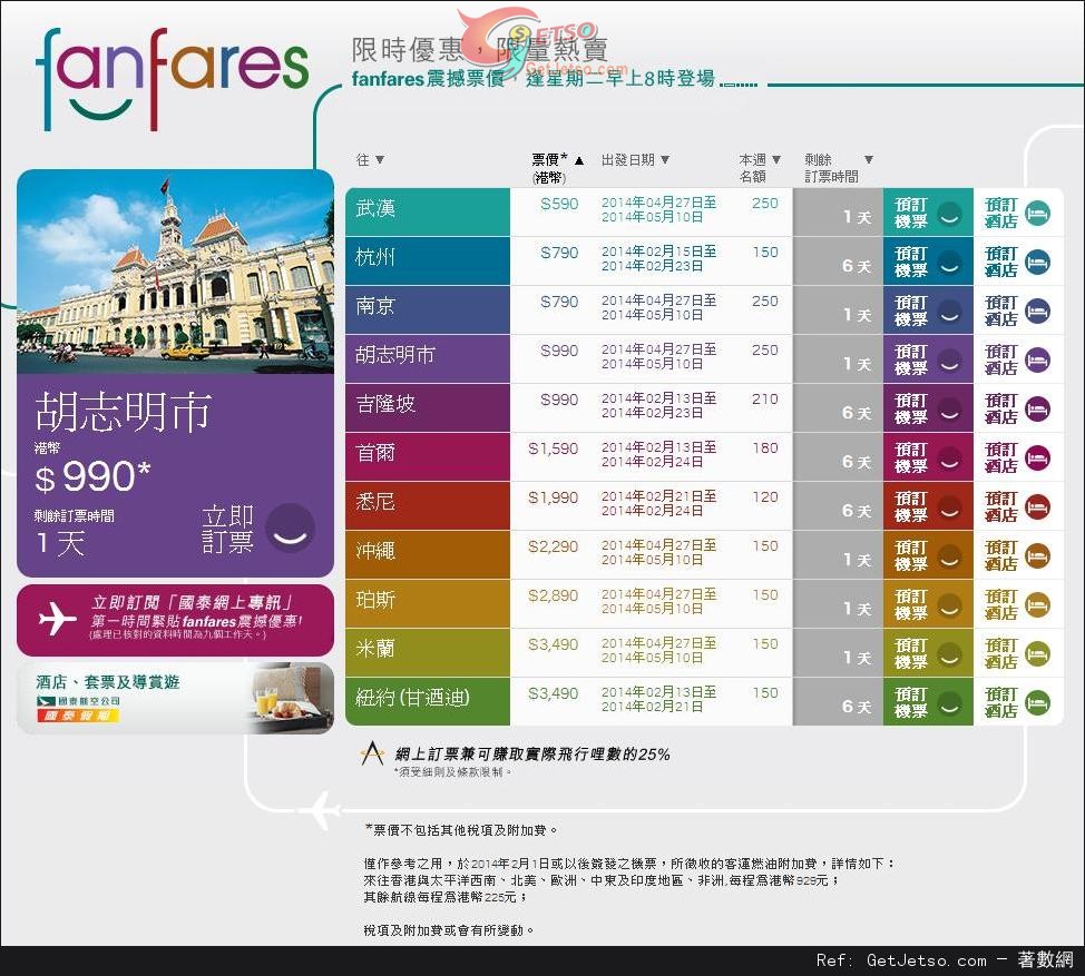 國泰及港龍航空fanfares震撼票價優惠(至14年2月16日)圖片1