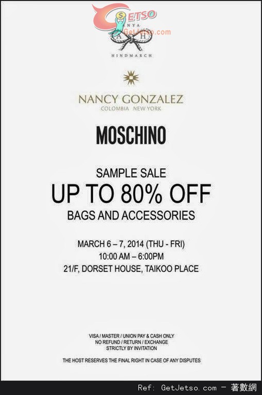 Anya Hindmarch/ Nancy Gonzalez &Moschino Sample Sale 低至2折開倉優惠(至14年3月7日)圖片1