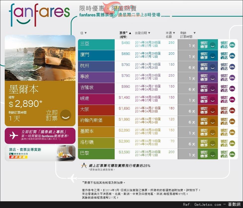 國泰及港龍航空fanfares震撼票價優惠(至14年4月20日)圖片1