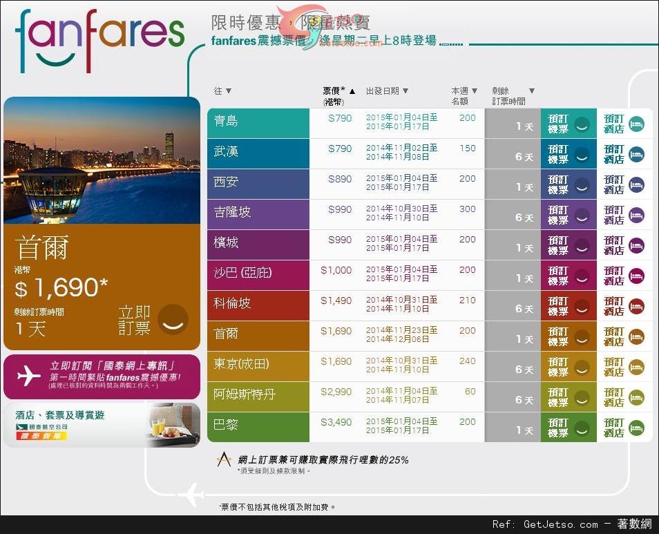 國泰及港龍航空fanfares震撼價機票優惠(至14年11月2日)圖片1