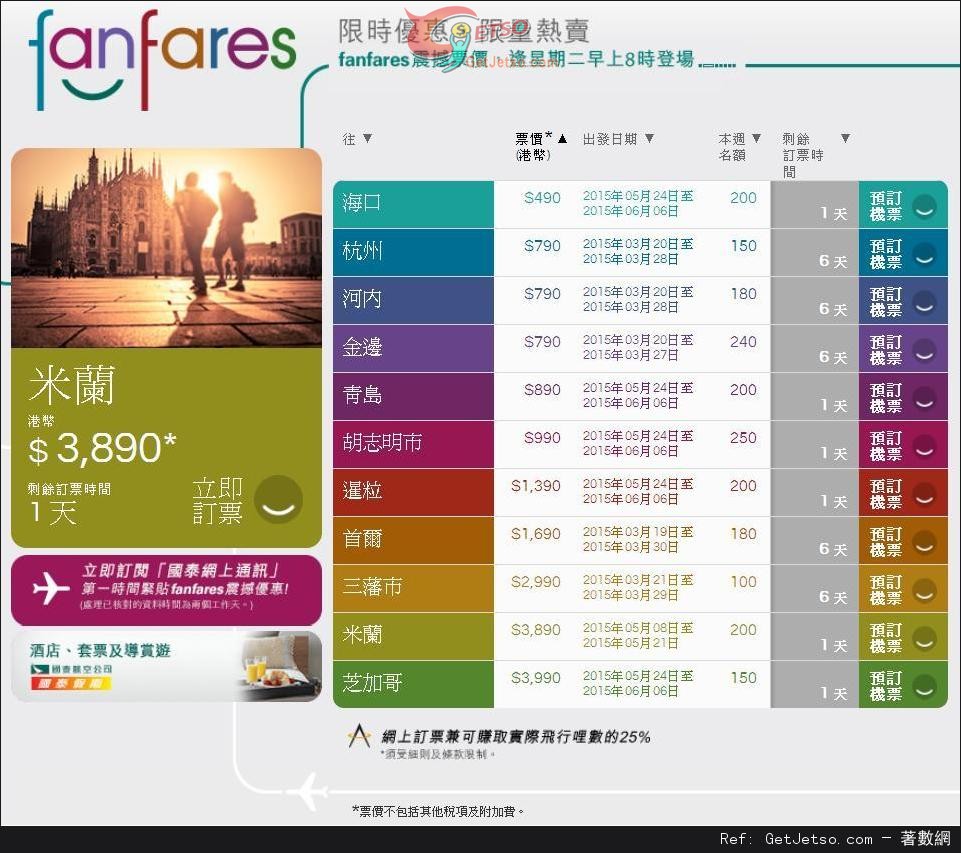 國泰及港龍航空fanfares震撼價機票優惠(至15年3月22日)圖片1