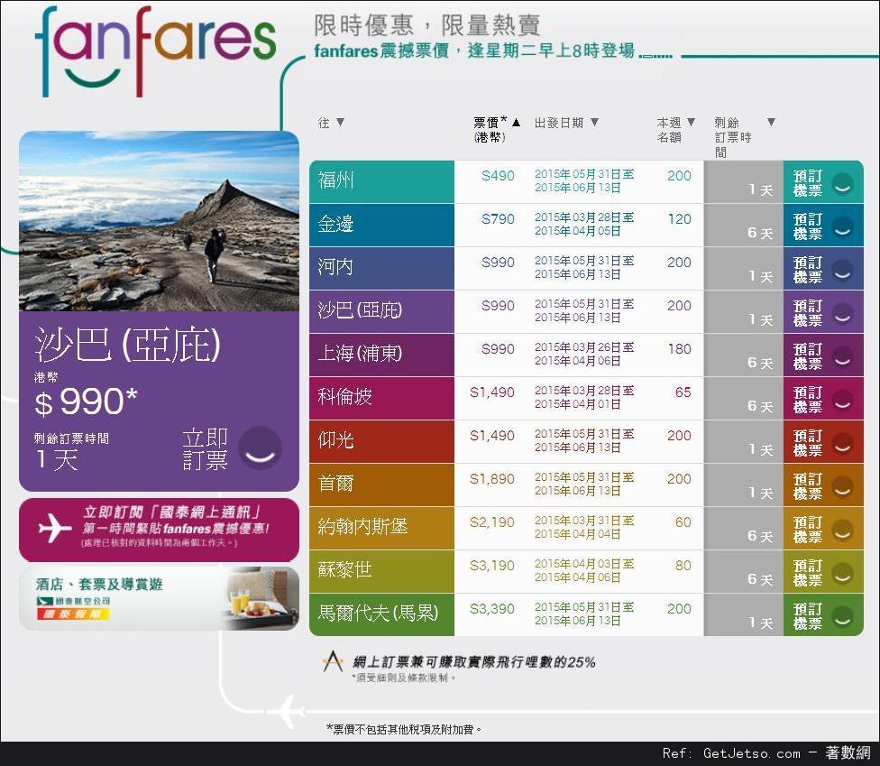 國泰及港龍航空fanfares震撼價機票優惠(至15年3月29日)圖片1