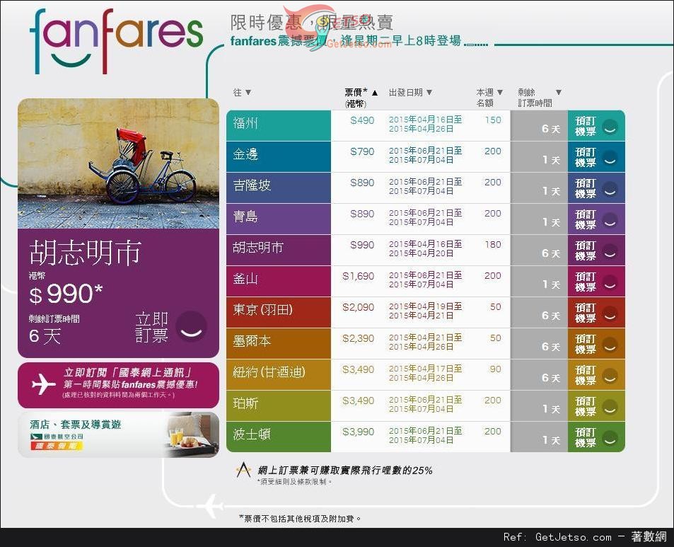 國泰及港龍航空fanfares震撼價機票優惠(至15年4月19日)圖片1