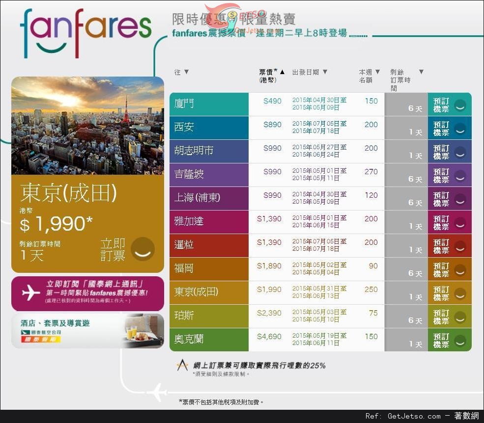 國泰及港龍航空fanfares震撼價機票優惠(至15年5月3日)圖片1