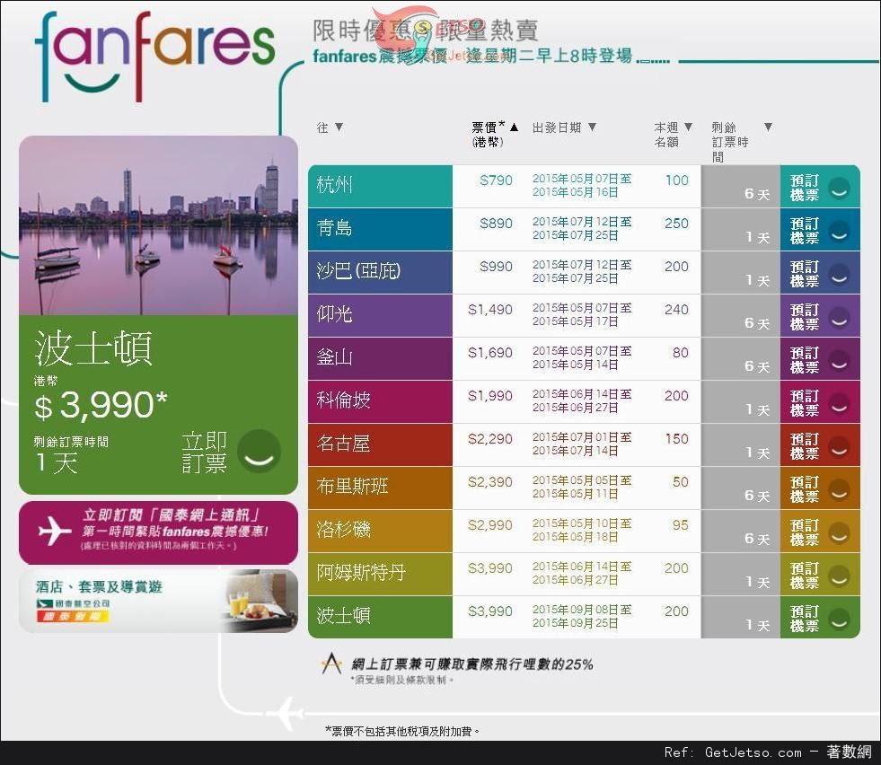 國泰及港龍航空fanfares震撼價機票優惠(至15年5月10日)圖片1