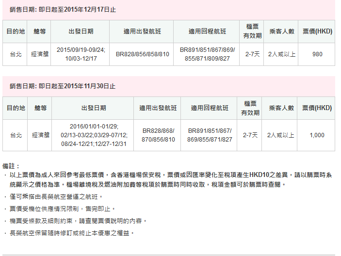 低至0台北來回機票優惠@長榮航空(至15年12月17日)圖片1