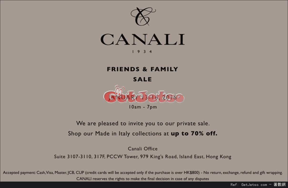 Canali 低至3折開倉Private Sale優惠(16年1月13-16日)圖片1