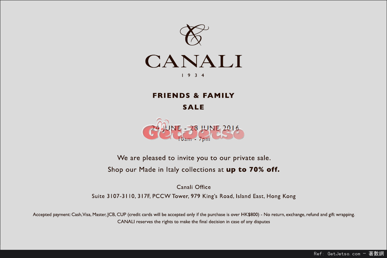 Canali 低至3折開倉優惠(至16年6月24-28日)圖片1