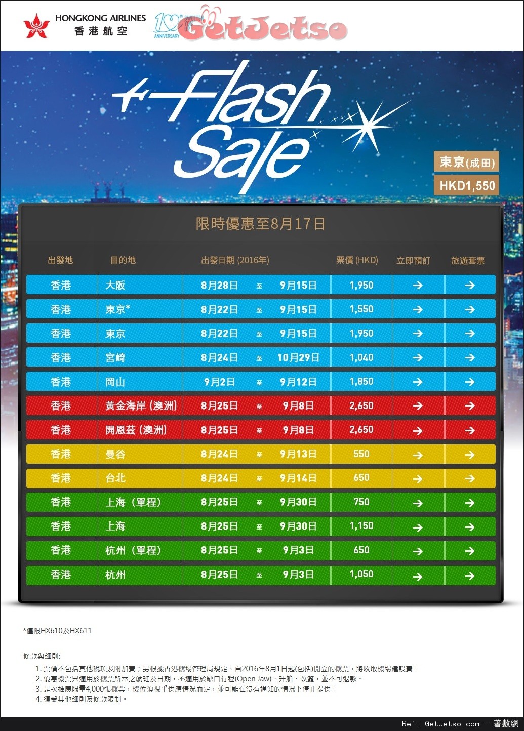 香港航空Flash Sale 台北0/曼谷0/日本低至40機票優惠(至16年8月17日)圖片1