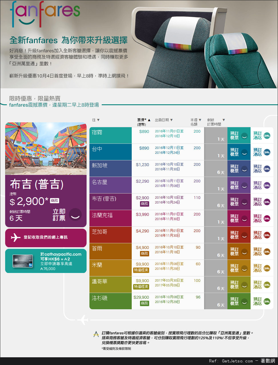 國泰及港龍航空fanfares震撼價機票優惠(至16年10月9日)圖片1