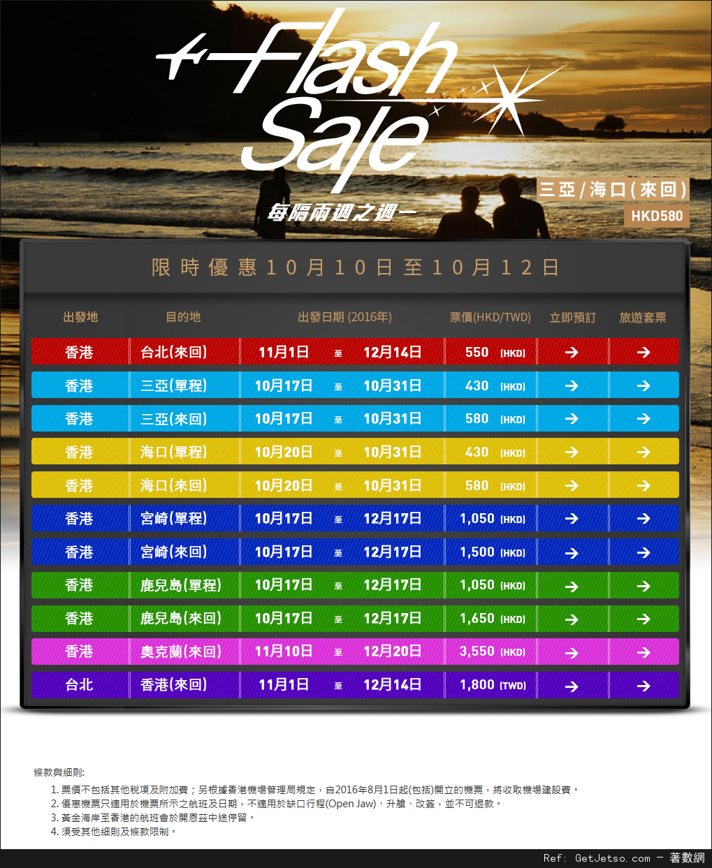 香港航空Flash Sale 來回台北0及其他機票優惠(至16年10月12日)圖片1