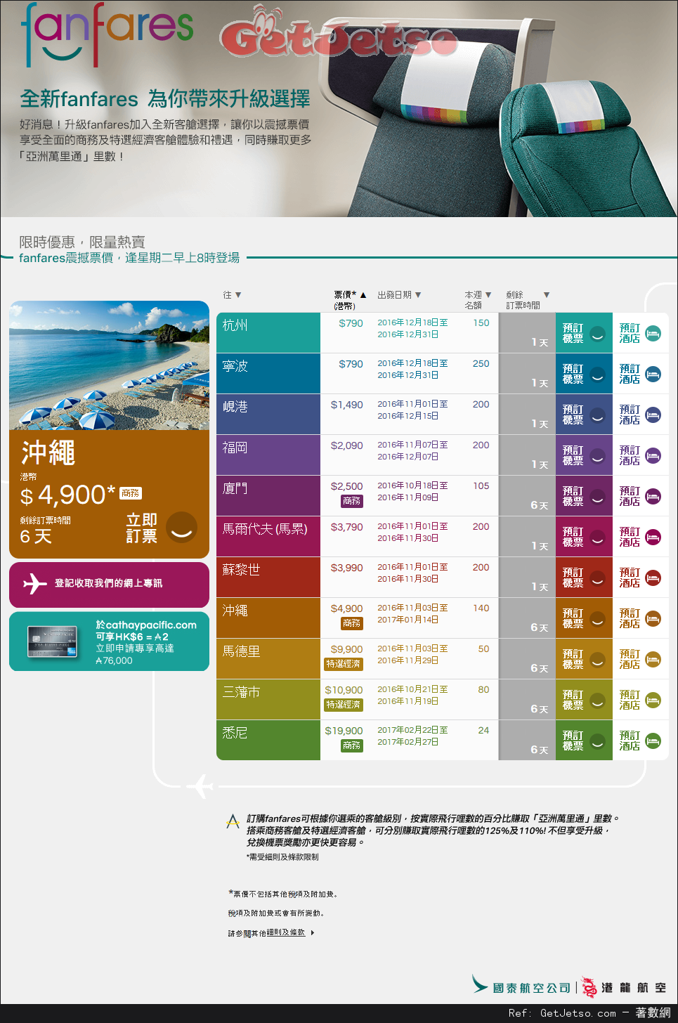 國泰及港龍航空fanfares震撼價機票優惠(至16年10月16日)圖片1