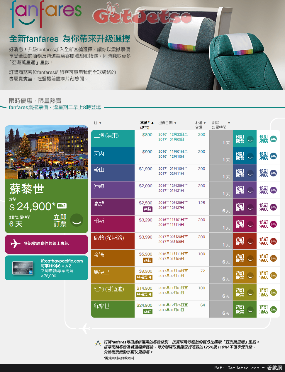 國泰及港龍航空fanfares震撼價機票優惠(至16年10月30日)圖片1