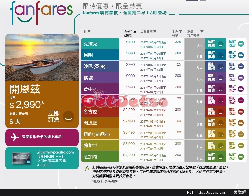 國泰航空fanfares震撼價機票優惠(至17年2月6日)圖片1