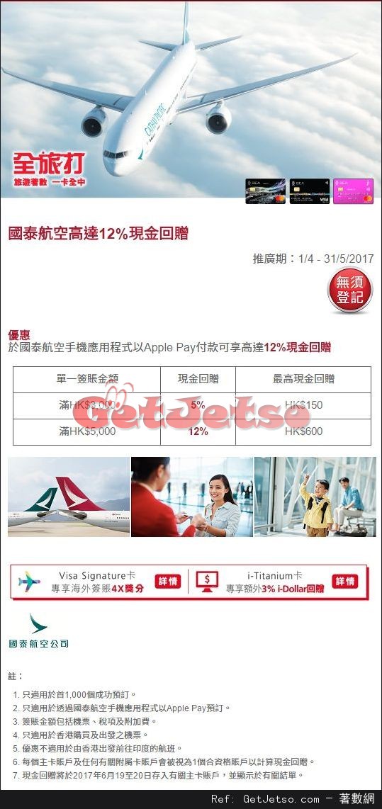 國泰航空以Apple Pay付款享高達12%現金回贈優惠@東亞信用卡(17年4月1-5月31日)圖片1