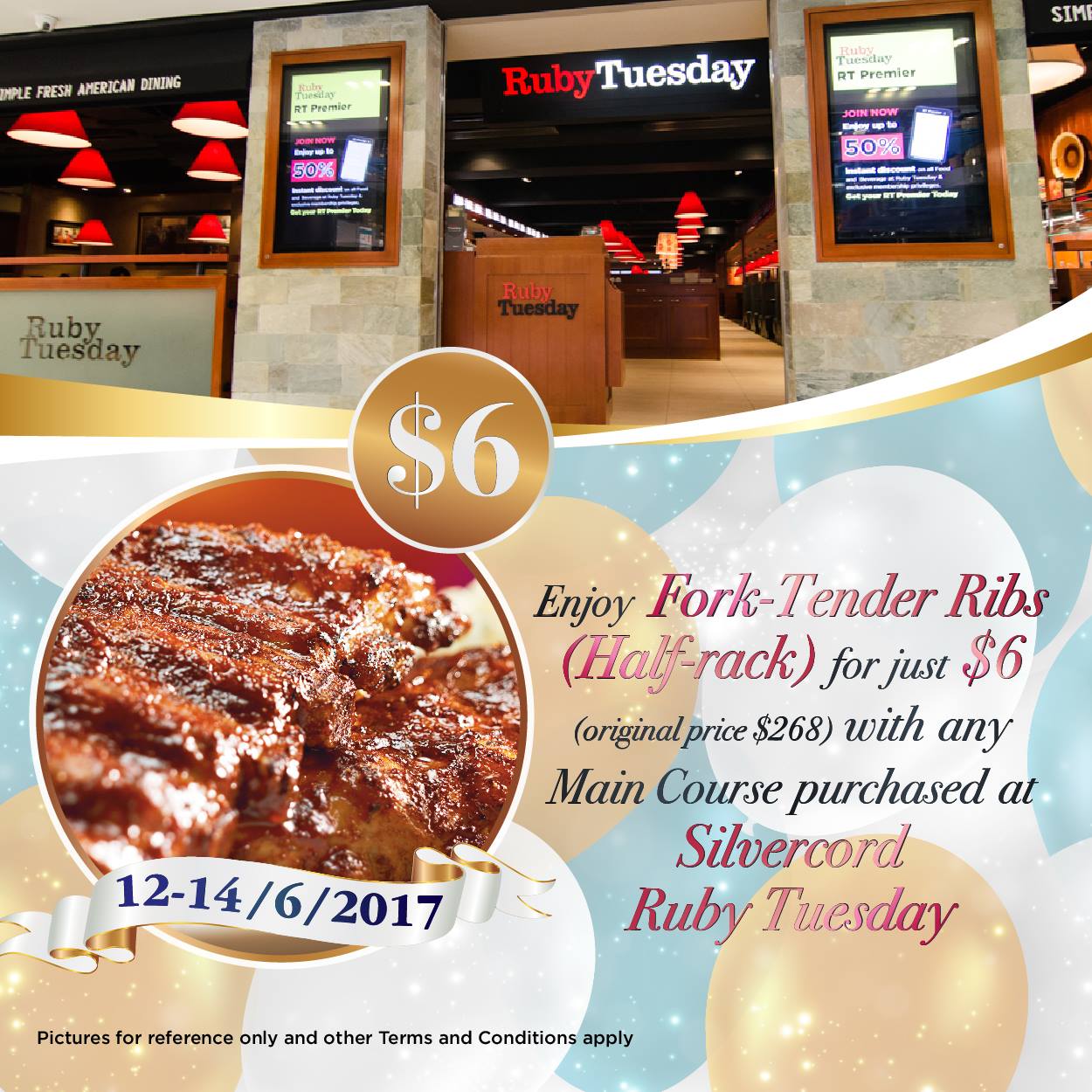 Ruby Tuesday皇牌主菜燒排骨優惠@尖沙咀店(17年6月12-14日)圖片1